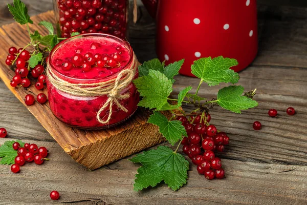 Currant Jam Fresh Red Currants Wooden Table Homemade Jam Glass — Stockfoto