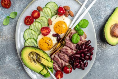 Avokado, sahanda yumurta, pastırma ve fasulyeyle Keto kahvaltısı. Paleo Keto kahvaltı diyeti öğle yemeği. Sağlıklı besleyici paleo keto kahvaltı konsepti. Yemek tarifi geçmişi. Kapat.,