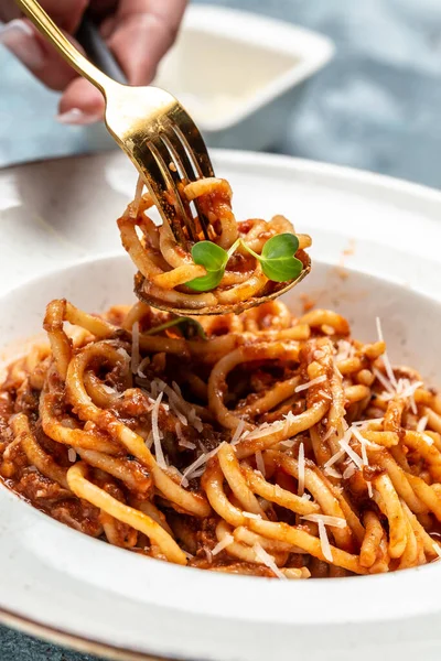 Pasta Meat Tomato Sauce Vegetables Italian Pasta Bolognese Banner Menu — Stock Photo, Image