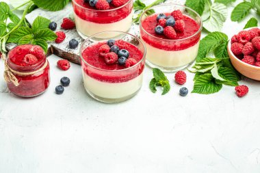 İtalyan tatlısı. Hafif arka planda ahududu reçelli ahududu panna cotta. Küçük kavanozlarda krema soslu böğürtlen tatlısı. Uzun afiş biçimi. metin için yer.