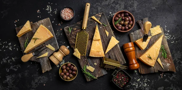 Parmesan Cheese Wooden Board Hard Cheese Olives Rosemary Metal Grater — Stock Photo, Image