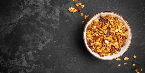 Bowl Granola Dark Background Superfood Concept Healthy Clean Eating Vegan — Stock Photo, Image