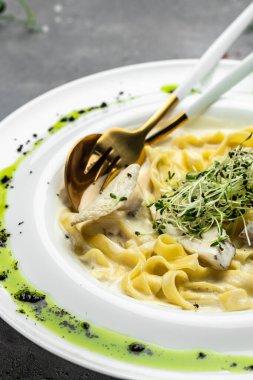 Kremalı soslu, tavuklu Fettuccine Alfredo, beyaz tabakta parmesan. Tavuk soslu makarna. İtalyan mutfağı. dikey görüntü. Üst Manzara. metin için yer.