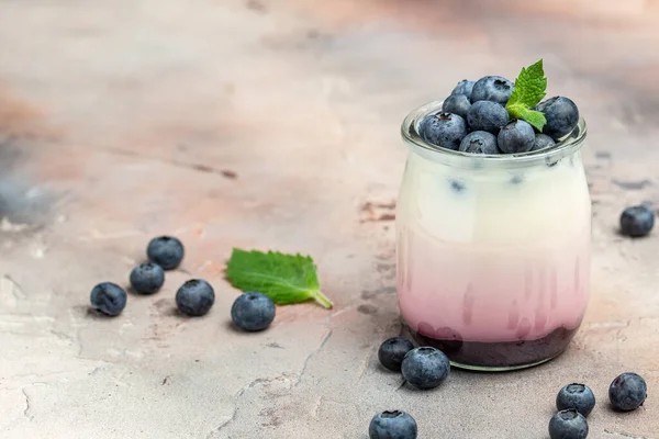 Yogurt Parfait Blueberry Jam Glass Jars Light Background Banner Menu — Fotografia de Stock