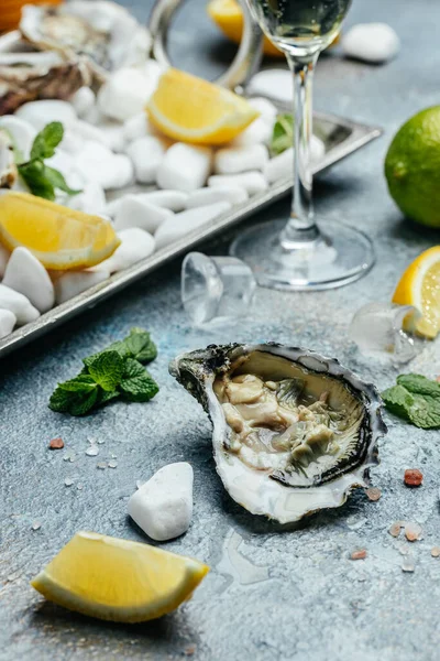 Opened oysters, ice on metal tray with lemon and ice. Restaurant menu, dieting, cookbook recipe.