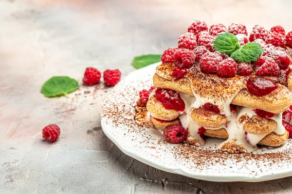Beeren Tiramisu Dessert Mit Himbeere Und Minze Traditionelles Italienisches Dessert — Stockfoto