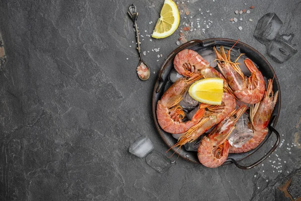 Shrimps, prawns. Seafood Red Argentine shrimps with ice, Wild shrimps, ocean jumbo shrimps. banner, menu, recipe place for text, top view,