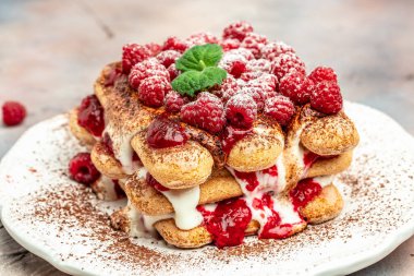 Böğürtlenli, Tiramisu Tatlısı, ahududu ve naneli kek. Ev yapımı tatlı..
