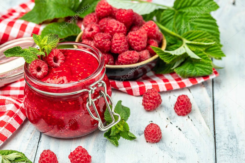 Jar of raspberry jam and fresh berries, banner, menu, recipe place for text, top view,