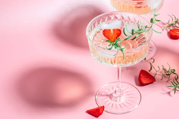 Refreshing Fruit Cocktail Punch Wine Champagne Strawberries Ice Rosemary Pink — 스톡 사진