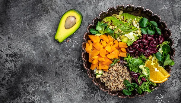 Vegan Salad Quinoa Avocado Sweet Potato Beans Dark Background Superfood — Stock Photo, Image