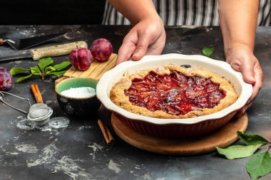 Plum Galette. Woman hands holds plum cake or pie. banner, menu, recipe place for text.