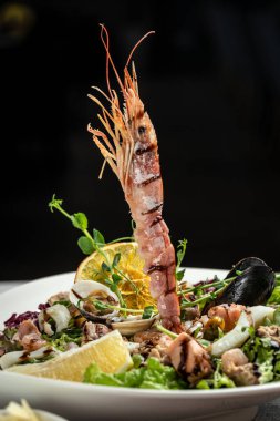 Healthy salad plate seafood eggs and shrimp. Restaurant menu, dieting, cookbook recipe vertical image. place for text.