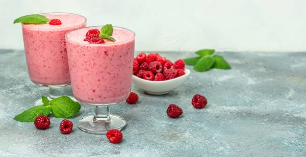Yogurt Smoothie Raspberries Glass White Marble Table Natural Detox Long — стоковое фото