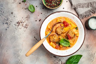 stewed vegetables with meat, banner, menu, recipe place for text, top view,