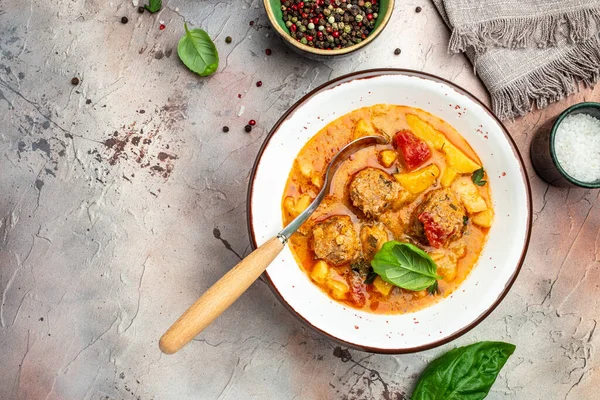 stewed vegetables with meat, banner, menu, recipe place for text, top view,