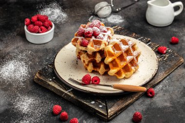 Böğürtlenli Belçika waffleları ve şeker tozu. Geleneksel Belçika waffleları ve taze meyve. Pankart, menü, metin için tarif yeri, üst görünüm. Lezzetli kahvaltı ya da atıştırmalık.
