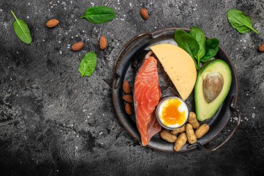 Düşük karbonhidratlı diyet ürünleri. Sağlıklı yağlar, kilo vermek için temiz yiyecekler. afiş, menü, metin için tarif yeri, üst görünüm.