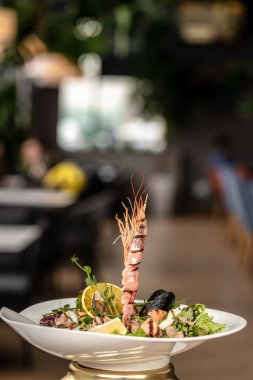 Healthy salad plate seafood eggs and shrimp. Restaurant menu, dieting, cookbook recipe vertical image. place for text.