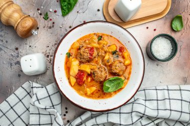 vegetable soup with stewed vegetables and meat, banner, menu, recipe place for text, top view.