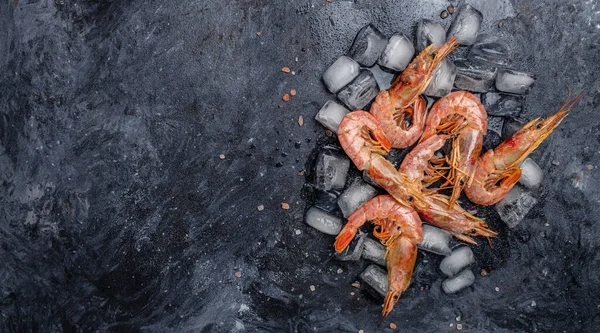 Close up Shrimps, prawns. Seafood Red Argentine shrimps with salt, Wild shrimps, ocean jumbo shrimps. Long banner format. top view.