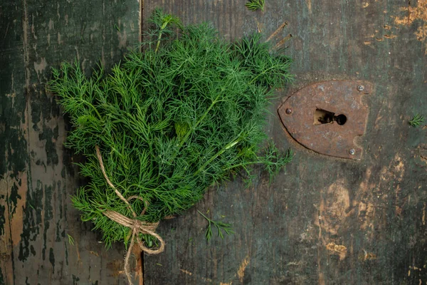 Bunch Fresh Green Dill Fresh Dill Close Dark Background Preparation — Fotografia de Stock