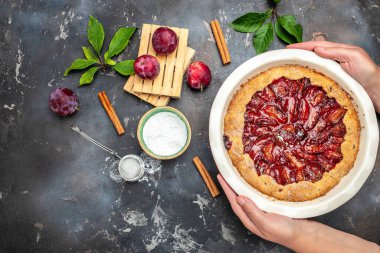 Woman hands holds plum pie. Culinary, cooking, bakery concept. place for text, top view.