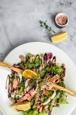 Healthy salad plate seafood eggs and shrimp. Restaurant menu, dieting, cookbook recipe vertical image. place for text.