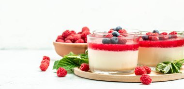 Krem şanti ve naneli ahududu şerbeti. Küçük kavanozlarda hafif arka planda İtalyan tatlısı. Uzun afiş biçimi. metin için yer.