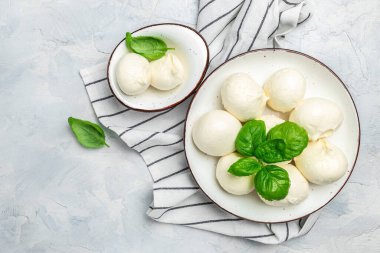 Peynir koleksiyonu, beyaz İtalyan peynirli mozzarella topları, arka planda taze fesleğen yapraklarıyla servis edilmiş, yazı için yer, üst manzara.,