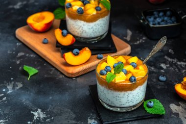 peaches blueberry chia yogurt. Homemade dessert with fruits. place for text, top view.