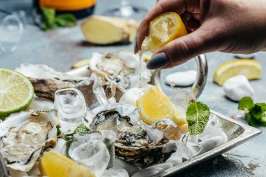 Yuvarlak tabakta limonlu taze istiridye. Deniz ürünleri yemeği. Yarım kabuklu istiridye. Restoran menüsü, diyet, yemek kitabı tarifi..