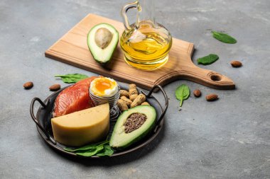 Düşük karbonhidratlı ürünleri yüksek proteinli ve iyi yağ kaynaklı yapın. Sağlıklı yağlar, arka planda kilo vermek için temiz yiyecekler, keto ya da ketojenik diyet, uzun afiş formatı. en üstteki görünüm.