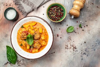 vegetable soup with stewed vegetables and meat, banner, menu, recipe place for text, top view.