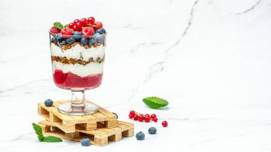 yogurt granola parfait with blueberry and raspberry on a light background. Long banner format.