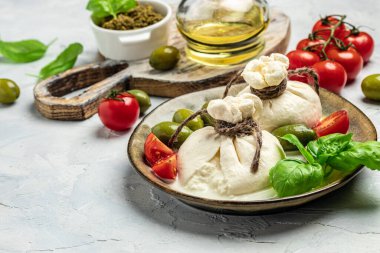 Kiraz domatesli, taze fesleğenli jambonlu ve zeytinli peynirli Antipasto burrata salatası. prosciutto, mozzarella. Üst Manzara. metin için yer.