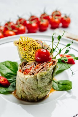 Lahana ruloları kıyma ile doldurulmuş. Lezzetli dengeli gıda konsepti.