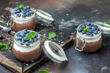 Lezzetli çikolatalı mus veya kremalı puding. Yaban mersinli çikolatalı panna cotta. Çikolatalı puding ve Yunan yoğurt parfe.