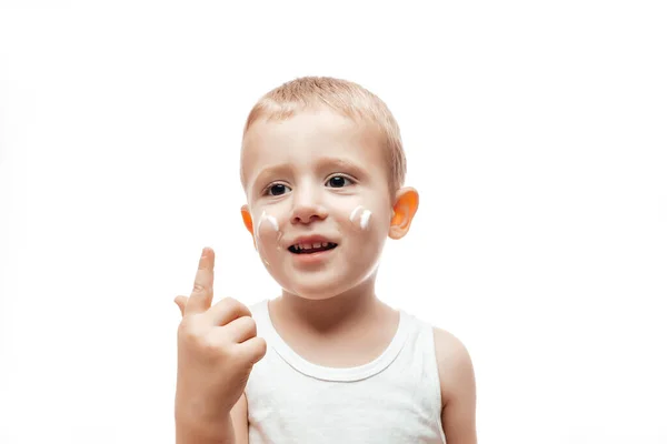 Applying Moisturizing Cream Baby Face White Background Care Children Clean Royalty Free Stock Photos