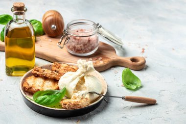 İtalyan burrata peyniri, beyaz burrata topları veya burratina peyniri fesleğen ve zeytinyağı ve ciabatta. metin için yer, üst görünüm.