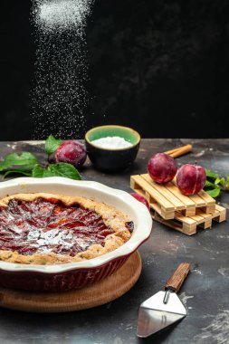 Plum Galette. Pudra şekeri pasta ya da turtanın üzerine serpiştirilir. afiş, menü, metin için tarif yeri.