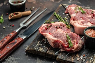 Baharatlı çiğ domuz bifteği ve baharatlı çiğ domuz bifteği. metin için yer, üst görünüm.