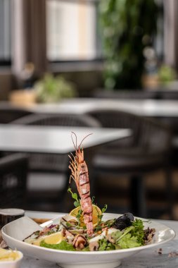 Marullu karides salatası yeşil karışım, bitkiler ve zeytinyağı, limon. dikey görüntü. Üst Manzara. metin için yer.