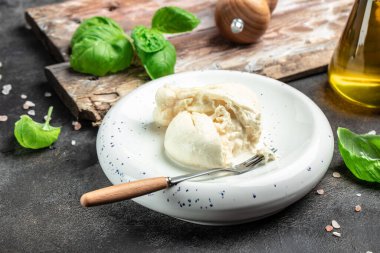 Puglia 'dan taze İtalyan peyniri, beyaz burrata topları veya burratina peyniri Basil ve zeytinyağı ve Ciabatta. metin için yer, üst görünüm.