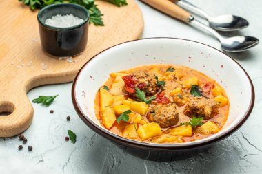 vegetable soup with stewed vegetables and meat, banner, menu, recipe place for text, top view.