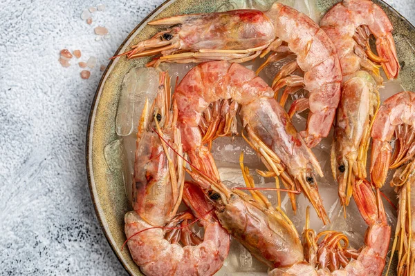 shrimps. wild ocean jumbo shrimps with ice and lemon, seafood shrimps prawns on ice frozen. Restaurant menu, dieting, cookbook recipe top view.