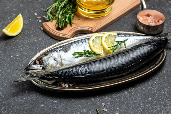 Scomber Marinated Mackerel Herring Fish Salt Lemon Spices Dark Background — Foto Stock