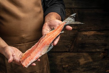 salmon in hands. Chef's hand holding fresh fillet of salmon, banner, menu, recipe place for text,
