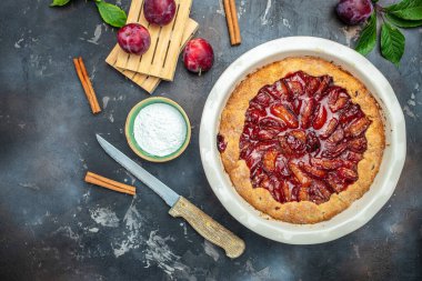 plum cake, powdered sugar is sprinkled on the cake Culinary, cooking, bakery concept. banner, menu, recipe place for text,