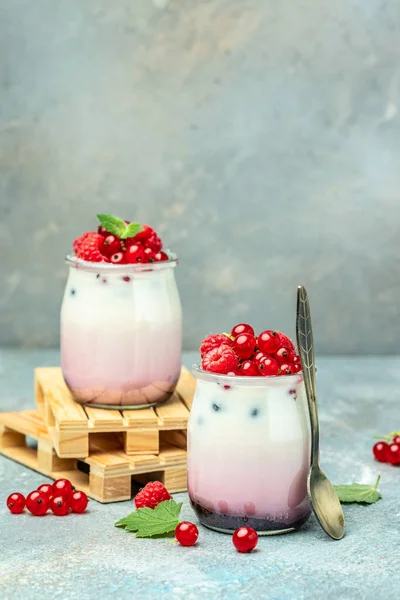 Böğürtlen yoğurdu. Yoğurt, reçel, frenk üzümü ve ahududulu sağlıklı katmanlı tatlı. Doğal detoks. afiş, menü, metin için tarif yeri, üst görünüm.